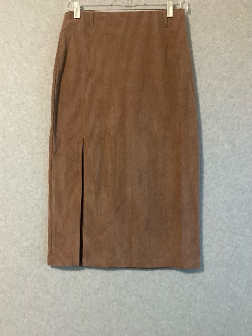 Corduroy Midi Pencil Skirt with Front Slit - Brown Sz S